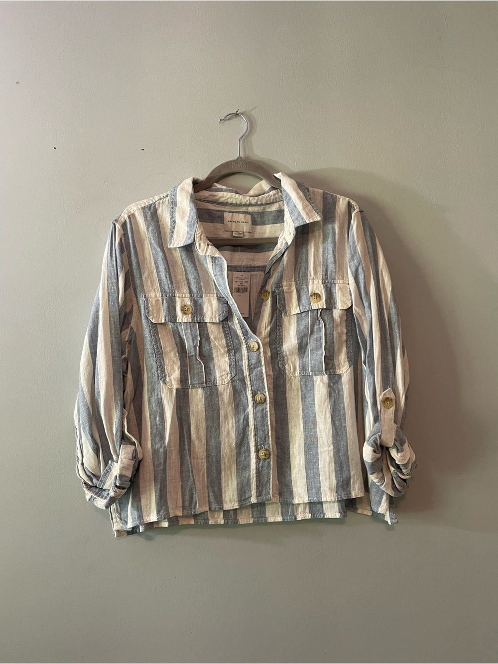 American Eagle Outfitters Blue and White Striped Cropped Button-Up - Picture 3 of 7